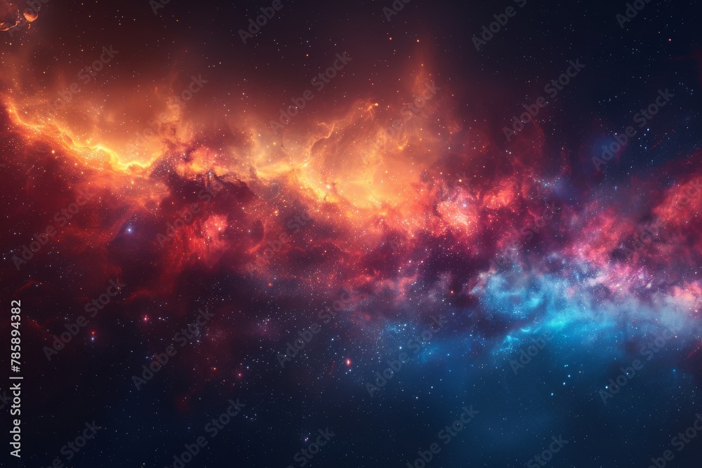 Fototapeta premium Spectacular View of a Colorful Nebula with Brilliant Shades of Purple and Fiery Orange in Deep Space 