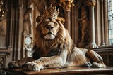 lion king wear crown on castle or palace 