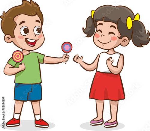 children giving candy to friend vector illustration