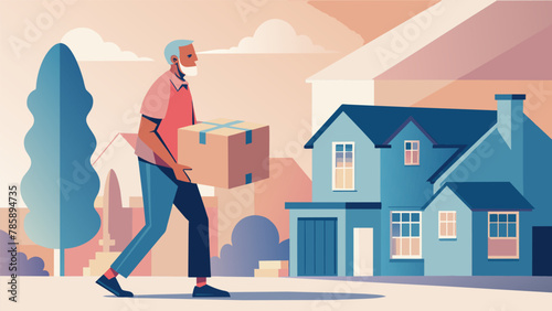An artistic interpretation of a senior carrying boxes from their large suburban home to a smaller urban apartment depicting the emotional and