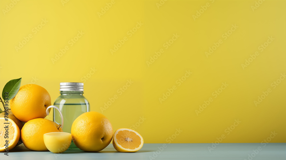 fruits and water bottles on a yellow background fruits and water bottles on a yellow background