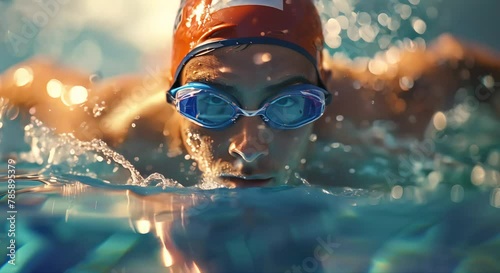 Olympic swimmer in action (mov) made with Ai generative technology, person is fictional