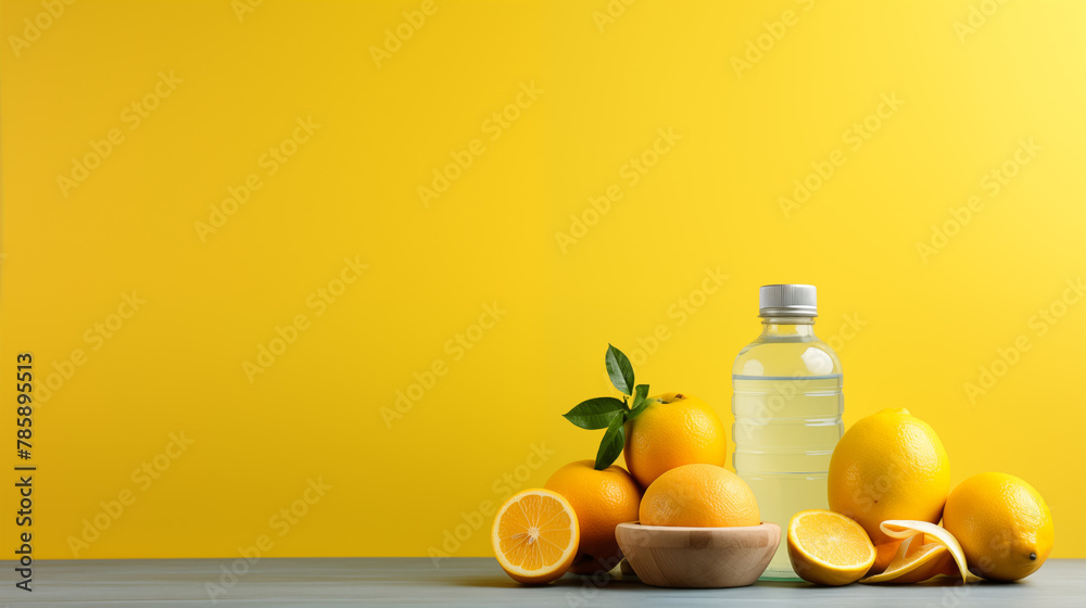 fruits and water bottles on a yellow background fruits and water bottles on a yellow background