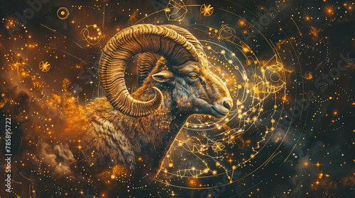 Mystical Cosmic Ram with Stars and Galaxy Illustration