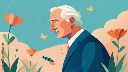 Despite his years an elderly gentlemans eyes were still sharp as he followed the movement of a caterpillar through a patch of wildflowers. His