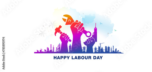 Happy Labor day banner design. Labour worker holding instrument and building city skyline background. International Labor day. © New concept & ideas