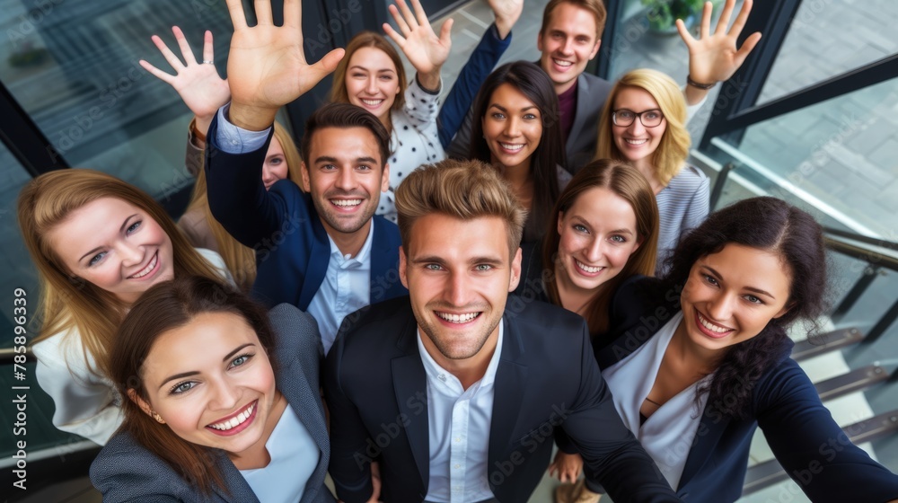 High angle view of group smiling coworker team standing in office looking up waving hand saying hello inviting new members to business leader forum event.