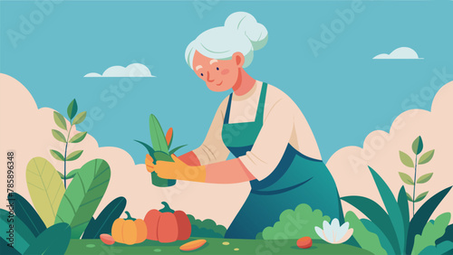 With a determined spirit and worn gardening gloves the wise old woman tends to her vegetable patch delighting in each fresh cucumber and vibrant