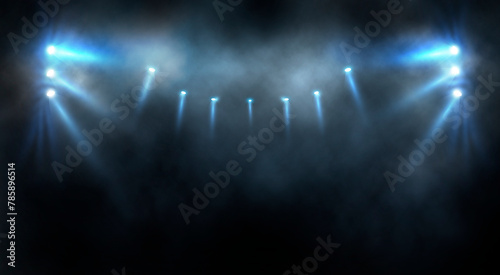 Bright stadium arena lights, Smoke bombs, empty dark scene, neon light,