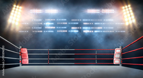 boxing ring with illumination by spotlights. - Illustration, Empty boxing ring in arena, spot lights, smoke and dark night scene. 	