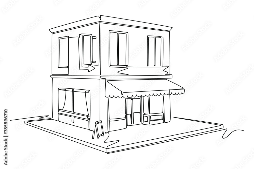 One continuous line drawing of cute house or small building concept. Doodle vector illustration in simple linear style.