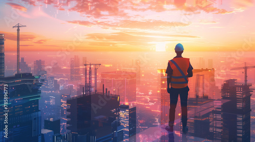 Construction Worker Overlooking Sunrise on Developing Cityscape