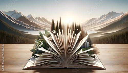 Concept of making a choice, A single large open book with pages fanning out into multiple layers, each layer leading into a different scenic background. photo