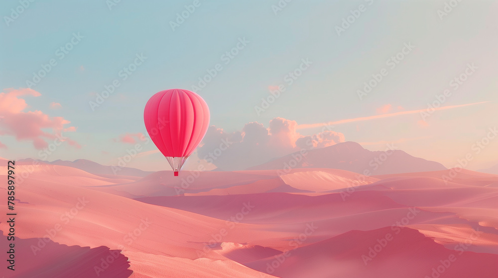 Fototapeta premium Serene Hot Air Balloon Flight Over Pink Desert Dunes at Sunset