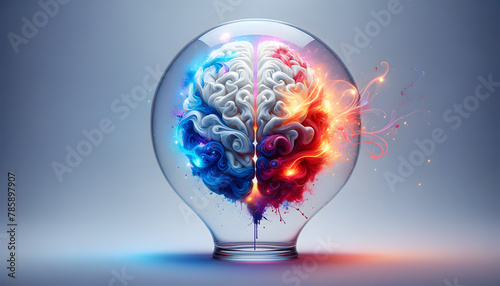 Concept of sparking new ideas. The brain emits brilliant sparks of light, representing moments of inspiration and creativity all encased in a large transparent light bulb. photo