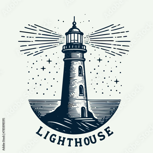 hand drawn lighthouse old engraving vector illustration style. lighthouse vintage illustration logo, emblem, icon old engraving style photo