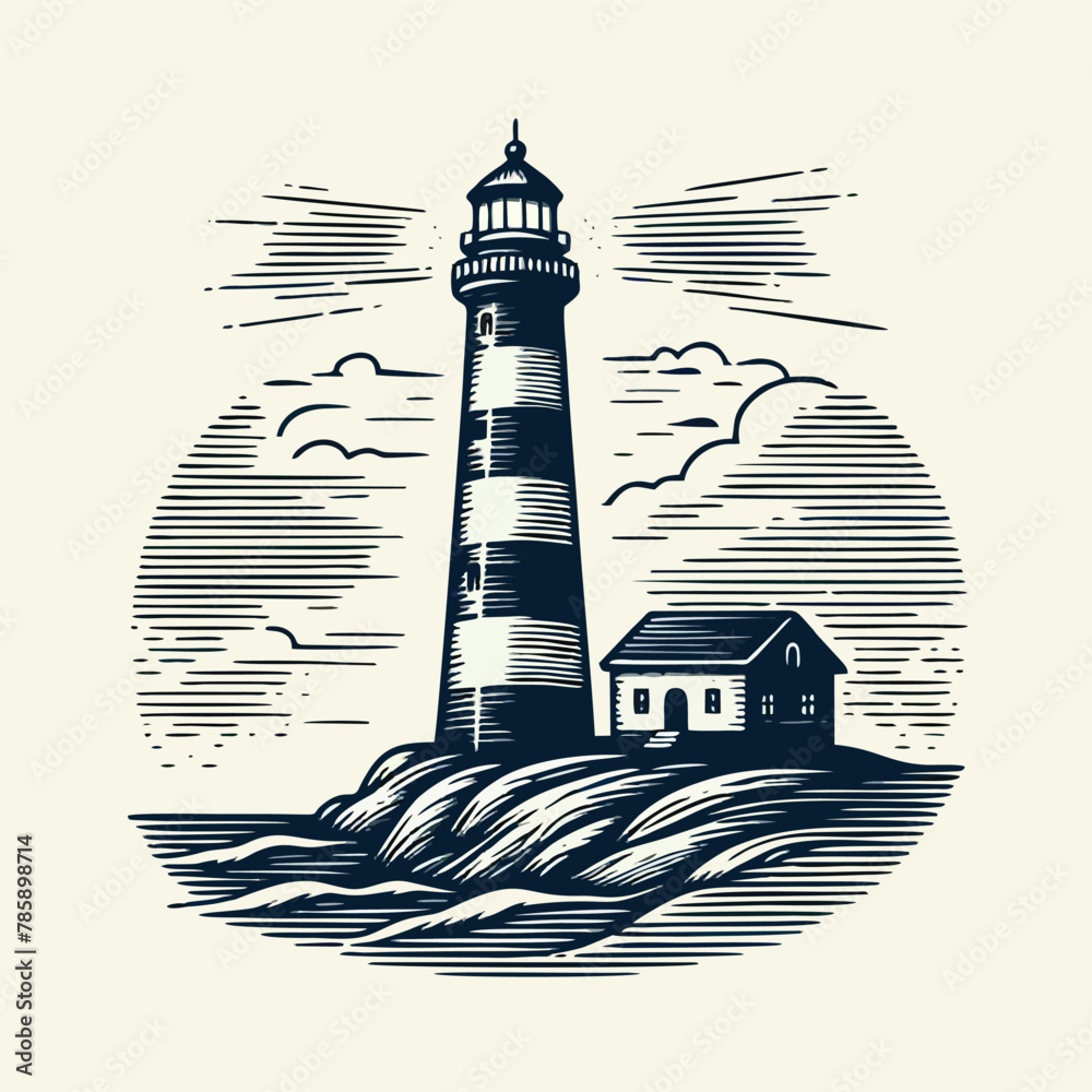 hand drawn lighthouse old engraving vector illustration style. lighthouse vintage illustration logo, emblem, icon old engraving style