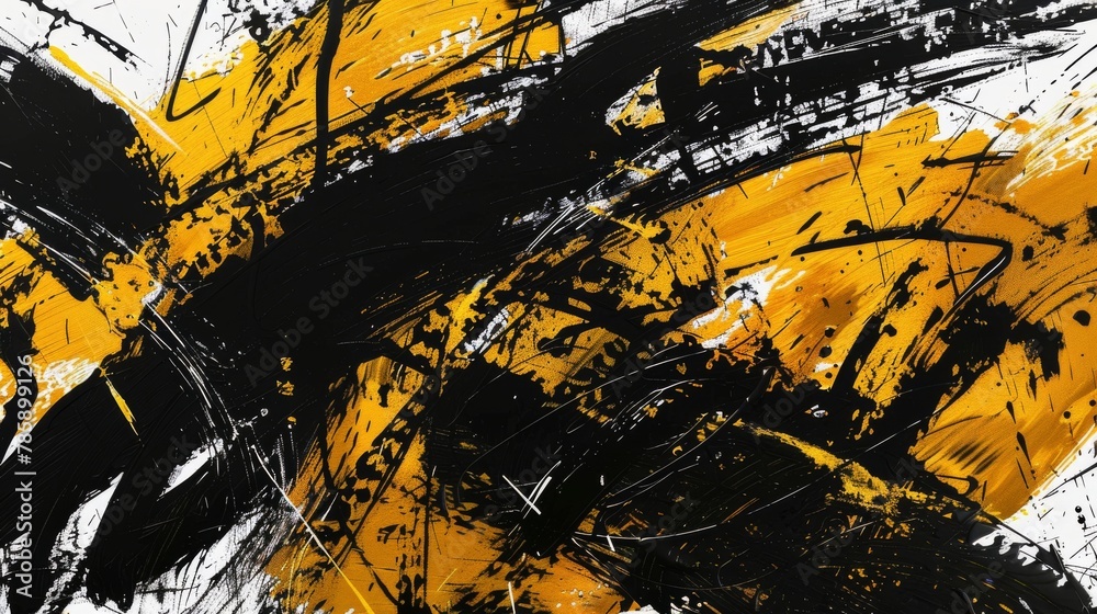Fototapeta premium black and yellow energetic brushstrokes abstract painting on white background