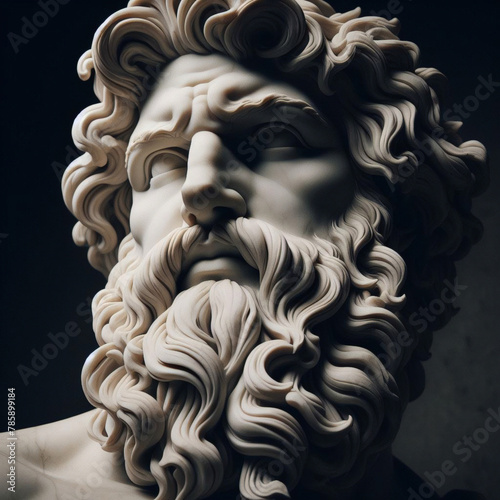 Handsome marble statue of powerful greek god Zeus over dark background, The powerful king of the gods in ancient Greek religion.