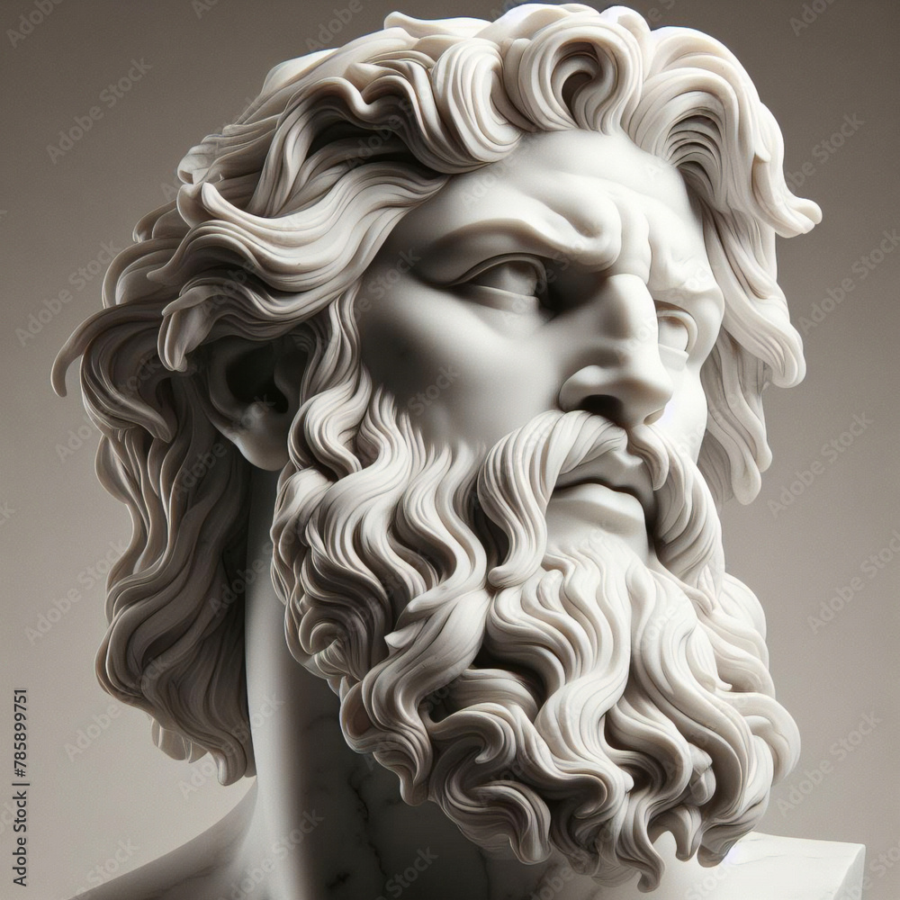 Handsome marble statue of powerful greek god Zeus over dark background, The powerful king of the gods in ancient Greek religion. Handsome marble statue of powerful greek god Zeus over dark background, The powerful king of the gods in ancient Greek religion.