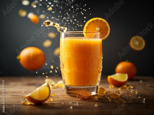 Glass of orange juice being poured on a wooden table. The orange juice is splashing out of the glass and onto the table