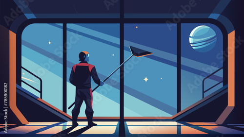 Orbital Window Washing Peering through the large windows of a futuristic space station we see an Orbital Janitor sped into a harness