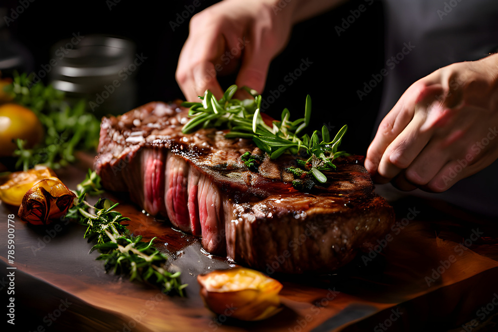 a hand decorating a steak with herbs