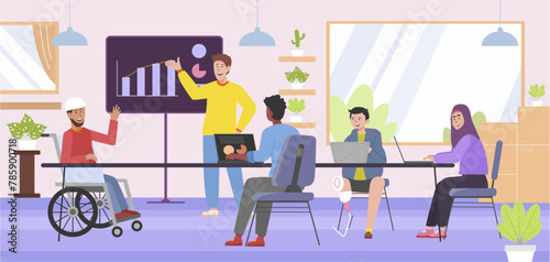 Person with disability and diversity working with colleagues in inclusive community office. Inclusion vector illustration