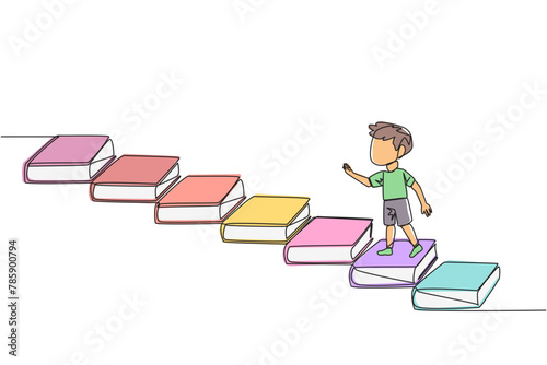 Continuous one line drawing boy climb stairs from books. Reading increases knowledge which can increase the dignity of a better life. Book festival concept. Single line draw design vector illustration