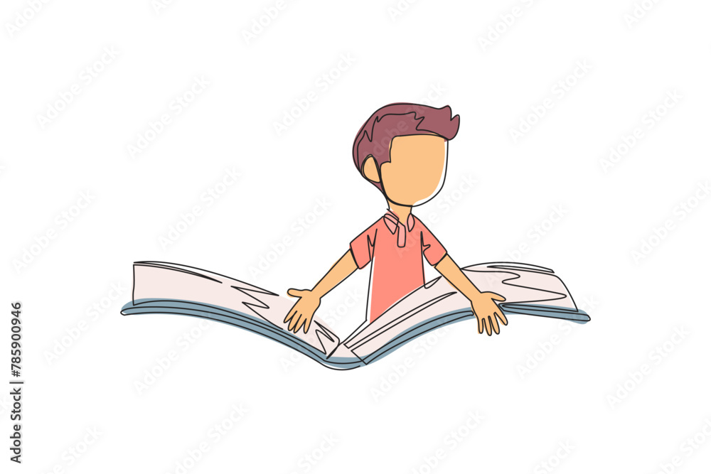 Continuous one line drawing the boy pops out from the middle of the book. Imagine the storyline. Experience a storybook adventure. Book festival concept. Single line draw design vector illustration