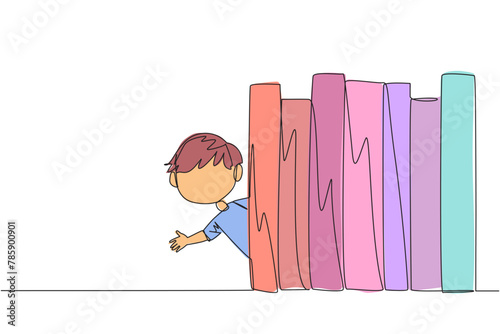 Single continuous line drawing a boy appears from behind a row of books. Invitation to read books at the library. Like to reading a book. Book festival concept. One line design vector illustration