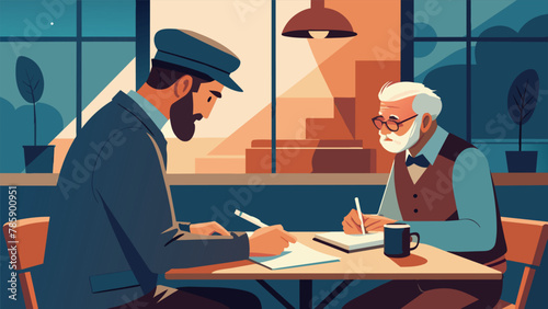In a bustling café a young writer scribbles furiously as an elderly man recounts his adventures as a young soldier his stories a reminder of