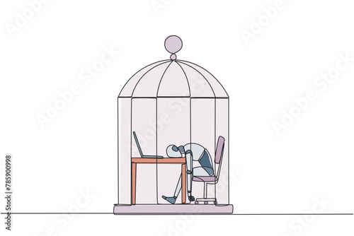 Continuous one line drawing robot trapped in cage asleep on laptop. Tired of repetitive routines. The many deadlines require overtime every day. AI tech. Single line draw design vector illustration