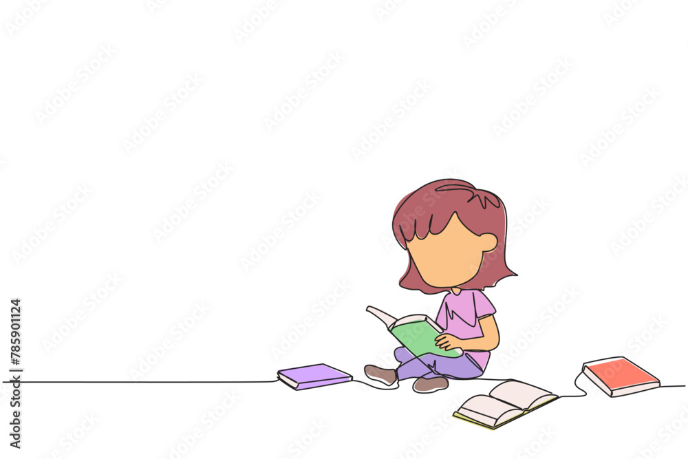 Single one line drawing girl sitting relaxed in a library reading a lot of books. Looking for answers to school assignments. Reading hobby. Book festival. Continuous line design graphic illustration