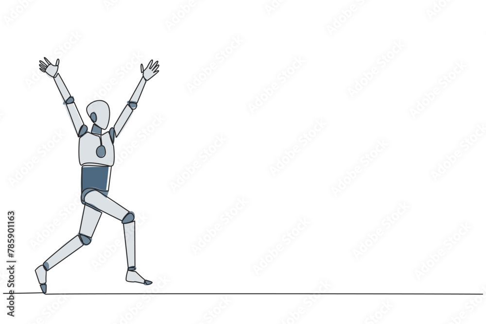 Single one line drawing robot running to celebrate the success of business. Like a football player who scores goal, doing celebrates. Success. AI tech. Continuous line design graphic illustration Single one line drawing robot running to celebrate the success of business. Like a football player who scores goal, doing celebrates. Success. AI tech. Continuous line design graphic illustration