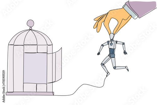 Continuous one line drawing big hands holding robot and want put in a cage. Trapping roughly. Beating a business opponent by cheating. Unfair business. Single line draw design vector illustration