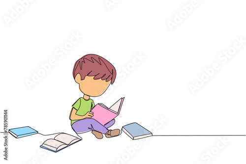 Single continuous line drawing boy sitting relaxed in a library reading a lot of books. Looking for answers to school assignments. Reading hobby. Book festival. One line design vector illustration