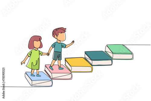 Continuous one line drawing the kids climb stairs from books. Reading increases knowledge which can increase the dignity of a better life. Book festival concept. Single line design vector illustration