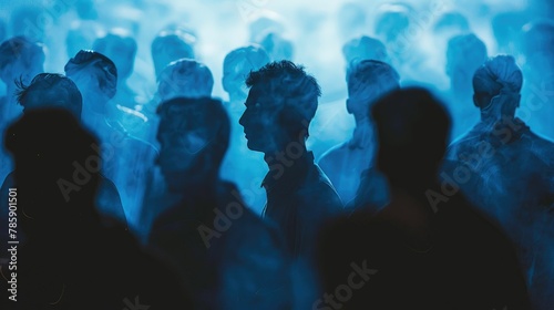 Worried crowd with obscured faces in shadow photo