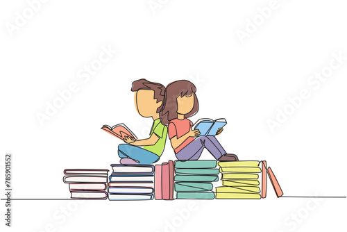 Single one line drawing kids sitting relaxed reading a book on pile of books. Relax while reading fiction books. Enjoy the storyline. Book festival concept. Continuous line design graphic illustration