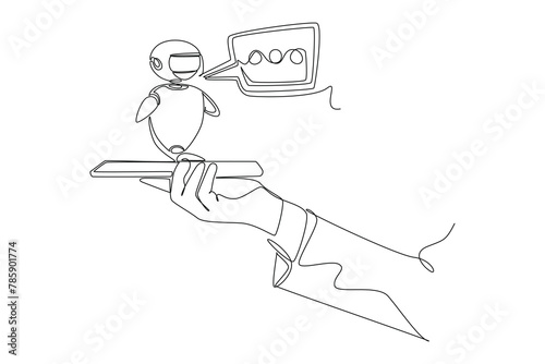 Continuous one line drawing Online communication with chat bot concept. Doodle vector illustration.