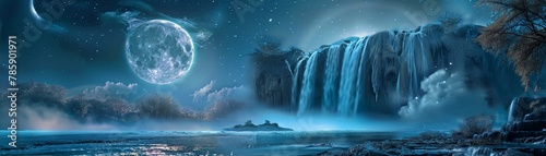 The moon melting into a river, leading to a fantastical waterfall adventure
