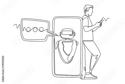 Continuous one line drawing Online communication with chat bot concept. Doodle vector illustration.