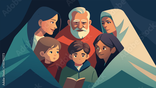 Huddled under blankets a family listens intently to an older relatives stories of growing up during the Great Depression gaining wisdom and