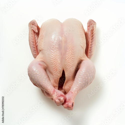 A plump, raw whole chicken positioned with its back facing up, isolated on a white background, suitable for food industry concepts.