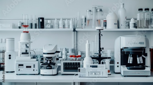 A product display of laboratory equipment with different types and sizes of machines. innovation in scientific research using advanced technology for various applications. Generative AI.
