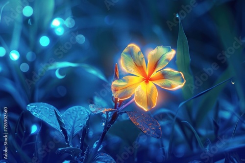 A flower with glowing petals is surrounded by a blue sky.