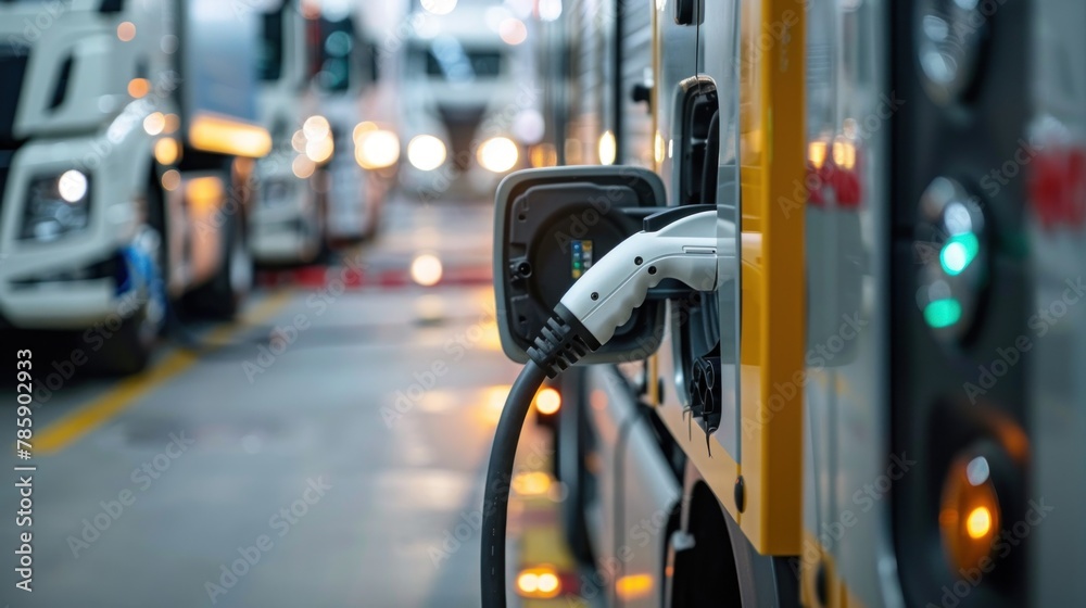 A large black truck is being charged at a charging station. A large black truck is being charged at a charging station.