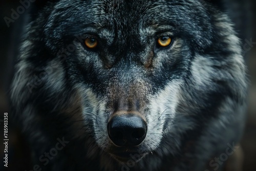 Portrait of a gray wolf in the forest, Close-up