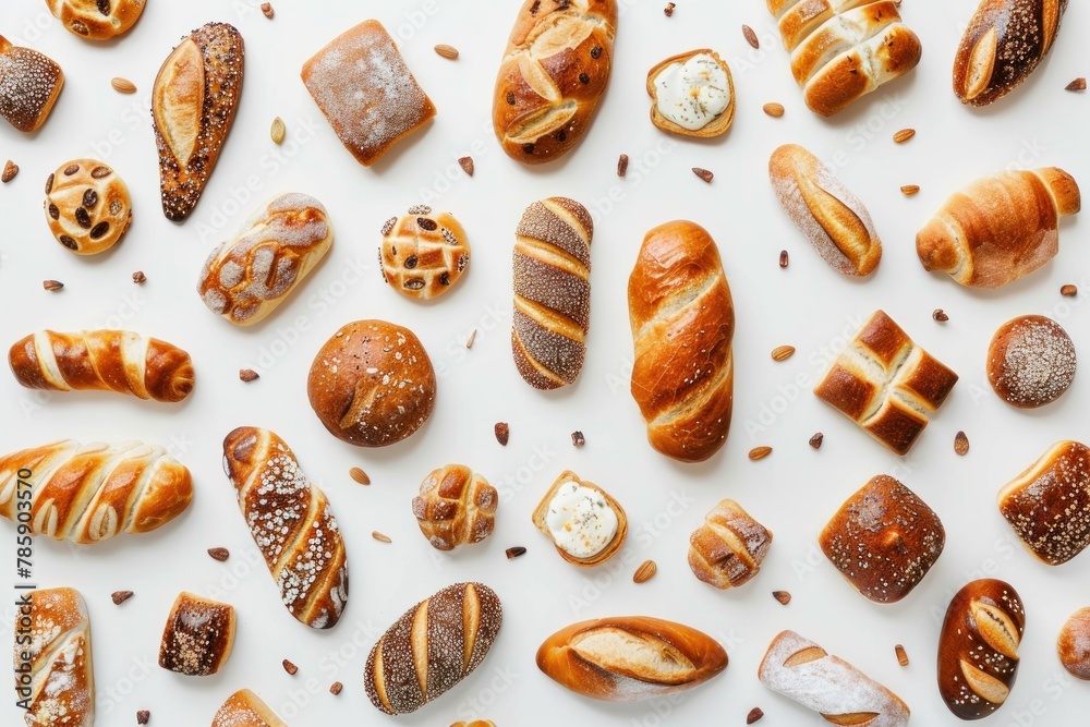 A variety of breads and pastries are displayed on a white background. A variety of breads and pastries are displayed on a white background.